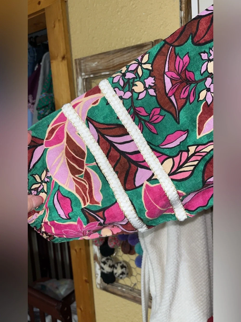 Cynthia Rowley Square Neck Floral V-Neck Blouse in Pink & Green - Picture 2 of 4